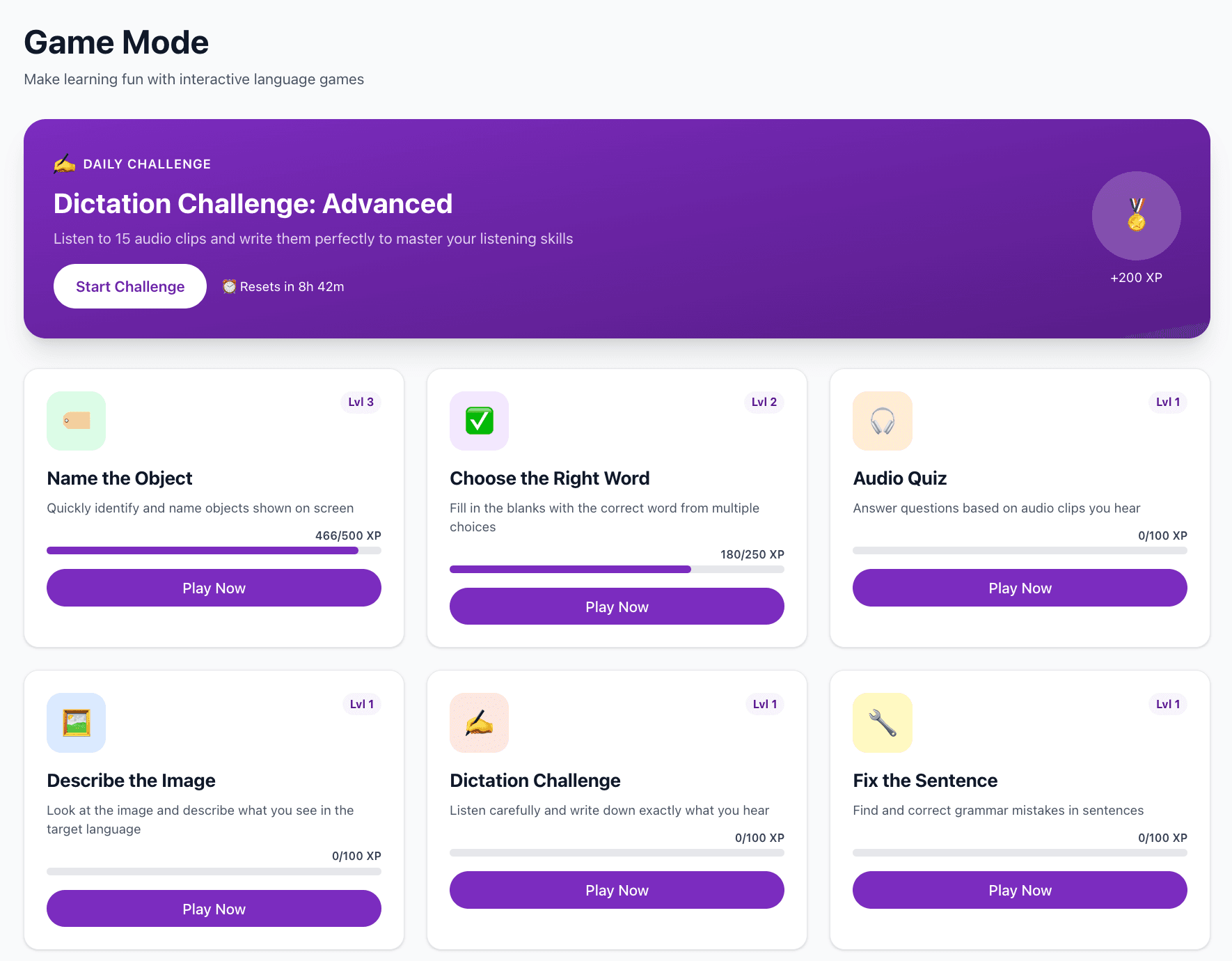 Interactive language learning games dashboard with progress tracking and XP points system