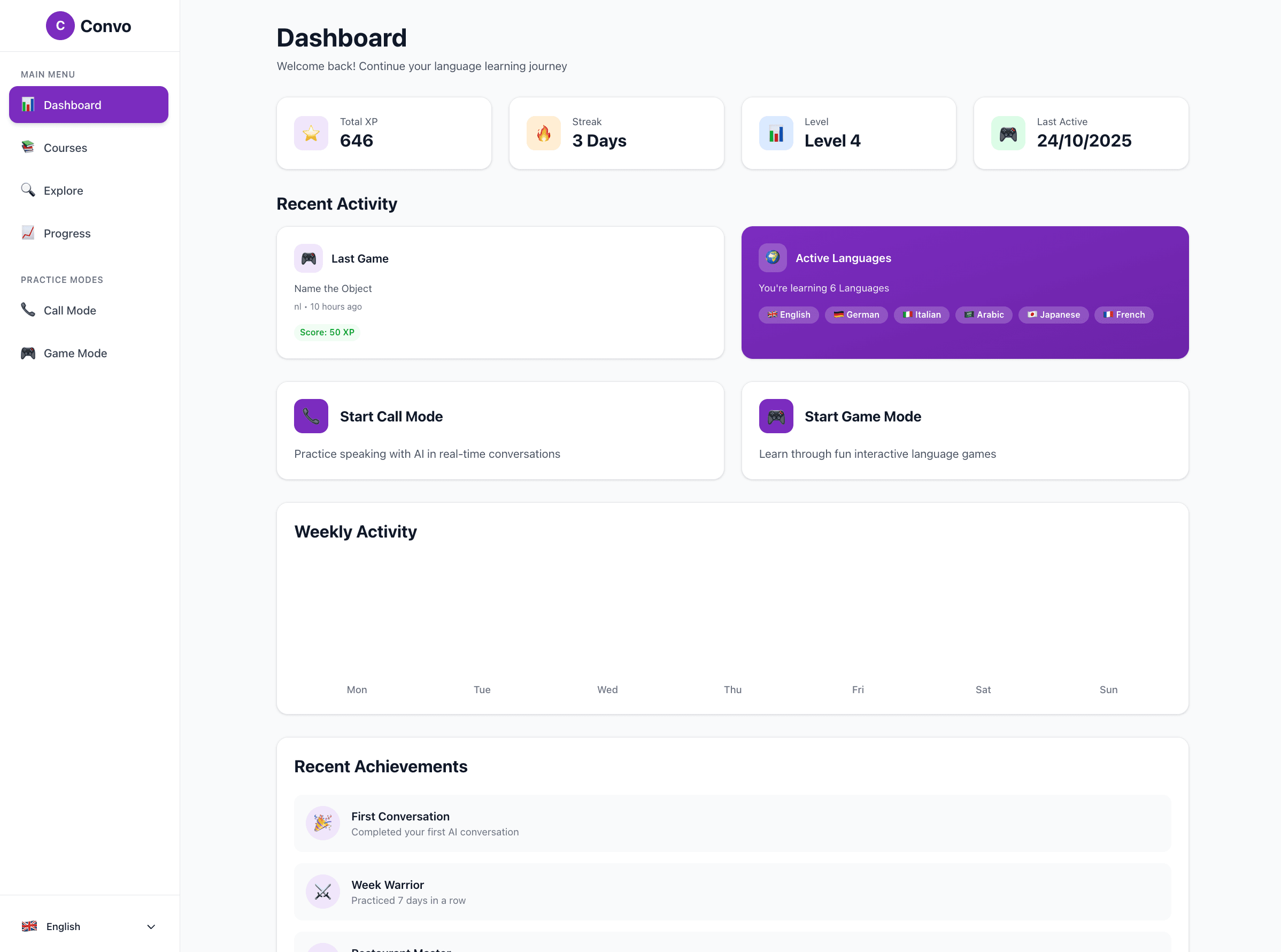 ConvoAI language learning app dashboard showing interactive games, progress tracking, and AI conversation features for learning multiple languages
